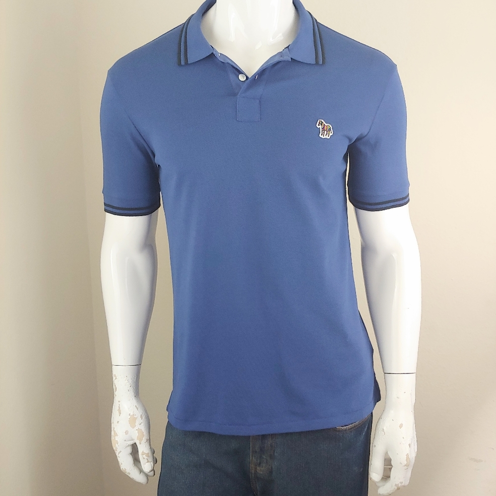 Paul Smith PS Mens New Zebra Badge Logo Crew Neck Cotton Blue Polo Shirt Size S